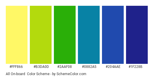 All On-board - Color scheme palette thumbnail - #fff866 #b3da0d #2aaf08 #0882a5 #204aae #1f228b 