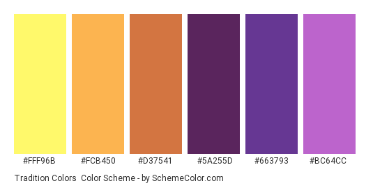 Tradition Colors - Color scheme palette thumbnail - #fff96b #fcb450 #d37541 #5a255d #663793 #bc64cc 