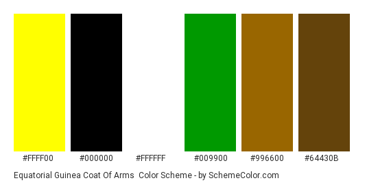 Equatorial Guinea Coat of Arms - Color scheme palette thumbnail - #ffff00 #000000 #ffffff #009900 #996600 #64430b 