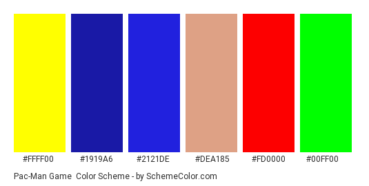 Pac-Man Game - Color scheme palette thumbnail - #ffff00 #1919a6 #2121de #dea185 #fd0000 #00ff00 