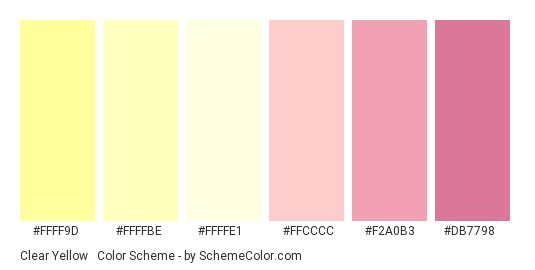 Clear Yellow & Red - Color scheme palette thumbnail - #ffff9d #ffffbe #ffffe1 #ffcccc #f2a0b3 #db7798 