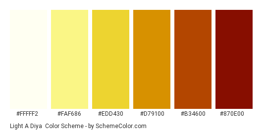 Light a Diya - Color scheme palette thumbnail - #fffff2 #faf686 #edd430 #d79100 #b34600 #870e00 