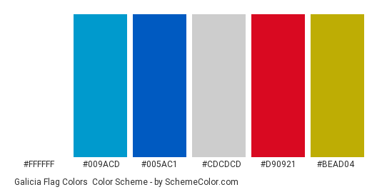 Galicia Flag Colors - Color scheme palette thumbnail - #ffffff #009acd #005ac1 #cdcdcd #d90921 #bead04 