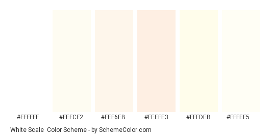 White Scale - Color scheme palette thumbnail - #ffffff #fefcf2 #fef6eb #feefe3 #fffdeb #fffef5 
