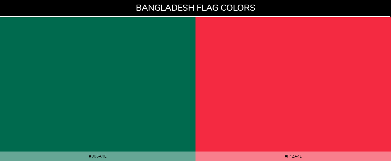 Bangladesh Country flag colors and codes - 006a4e, f42a41, red, green