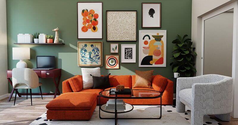 Bright upholstery on a dark sage green wall