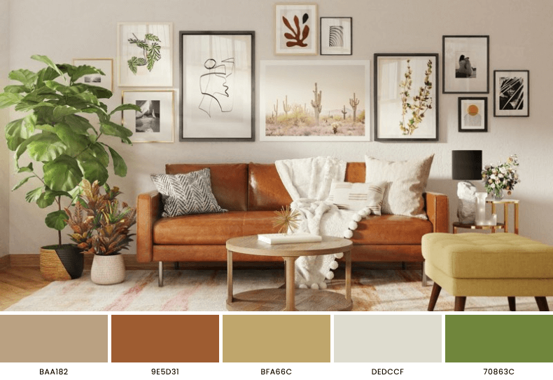 Brown sofa placed on a beige wall with frames