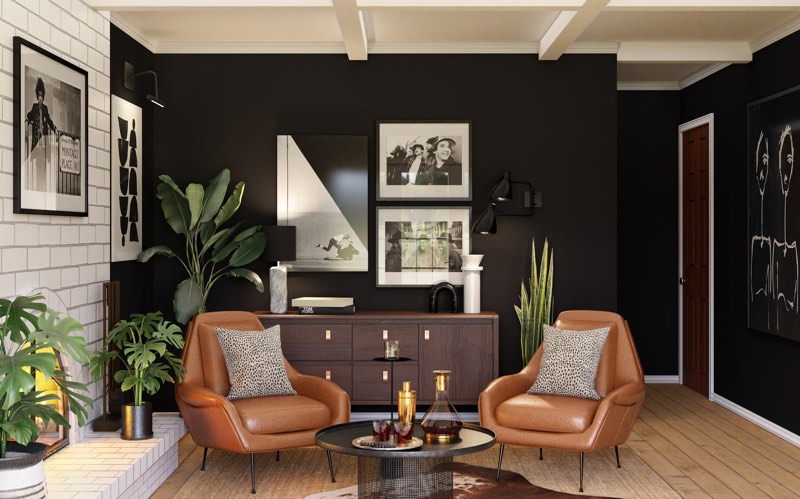Dark interior wall with brown leather sofa and dark brown console table