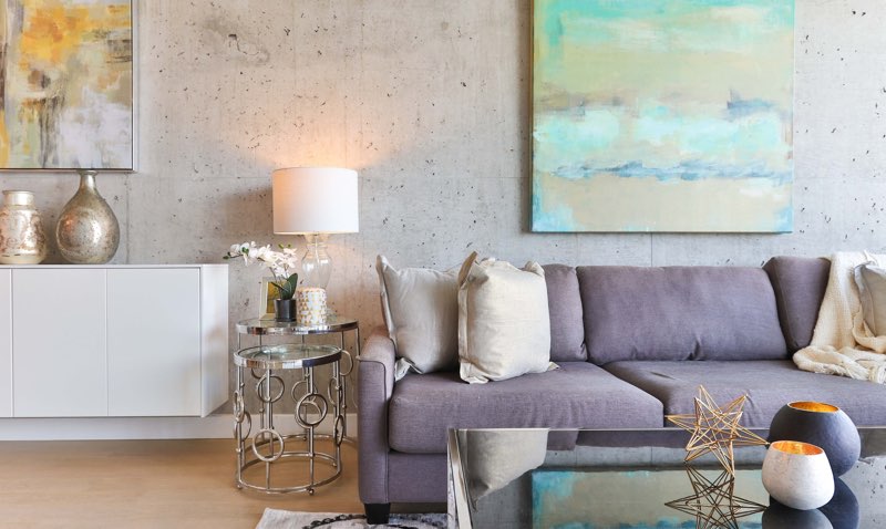 Grunge interiors with lavender colored sofa