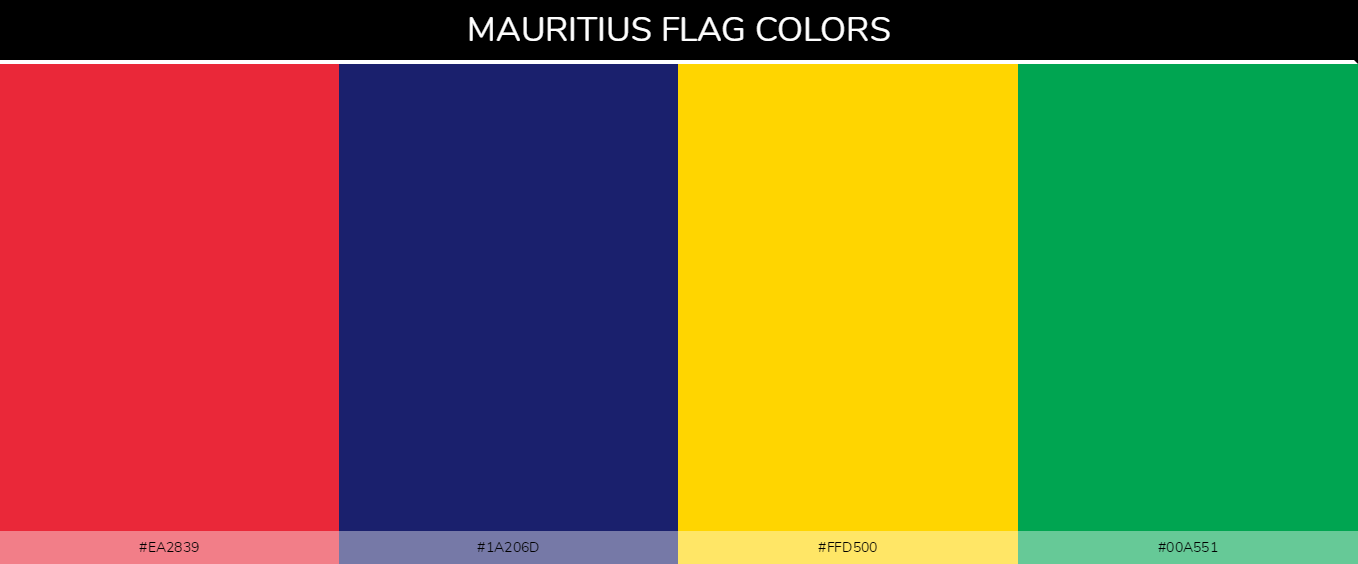 Mauritius country flags color codes - Red #ea2839, Blue #1a206d, Yellow #ffd500, Green #00a551