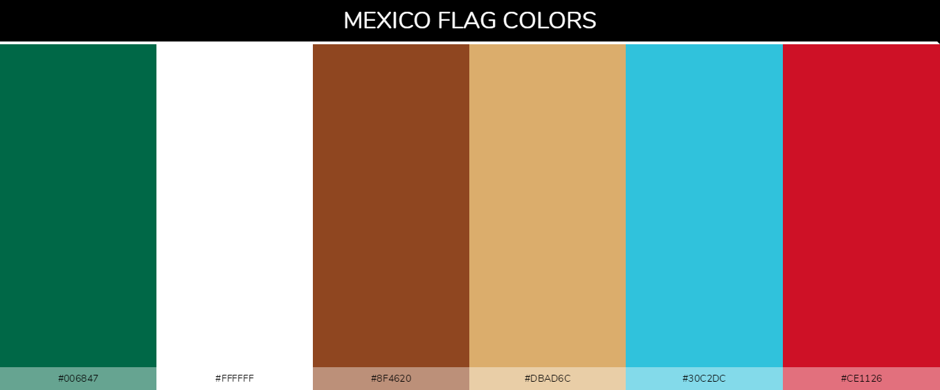 Mexico country flags color codes - Green #006847, White #ffffff, Brown #8f4620, Light Blue #30c2dc, Red #ce1126