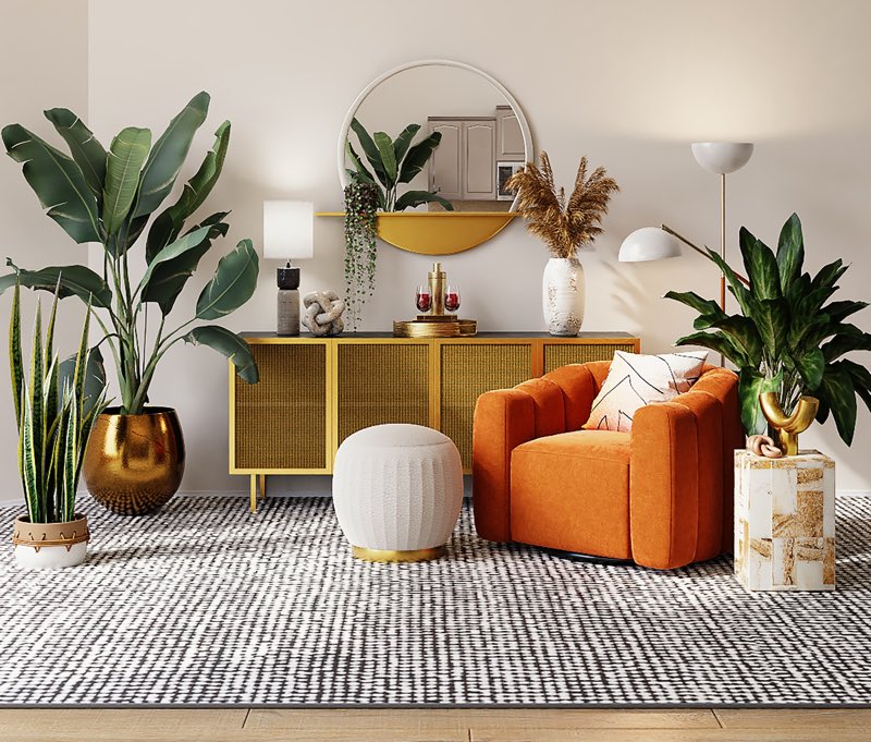 Stylishly decorated interiors with orange sofa