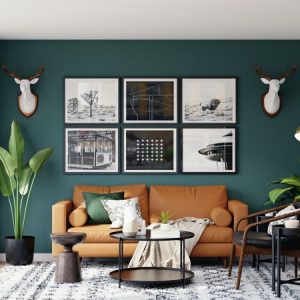 Living room with a dark blue-green colored wall and brown sofa