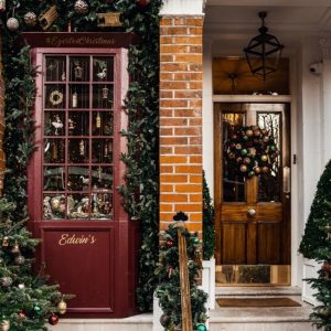 Christmas decorations at the entrance of a home